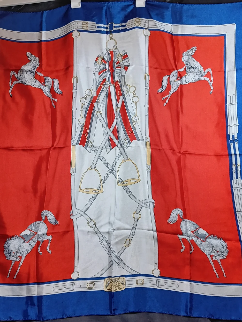Equestrian Print Silkfeel Scarf in Red, Blue & White